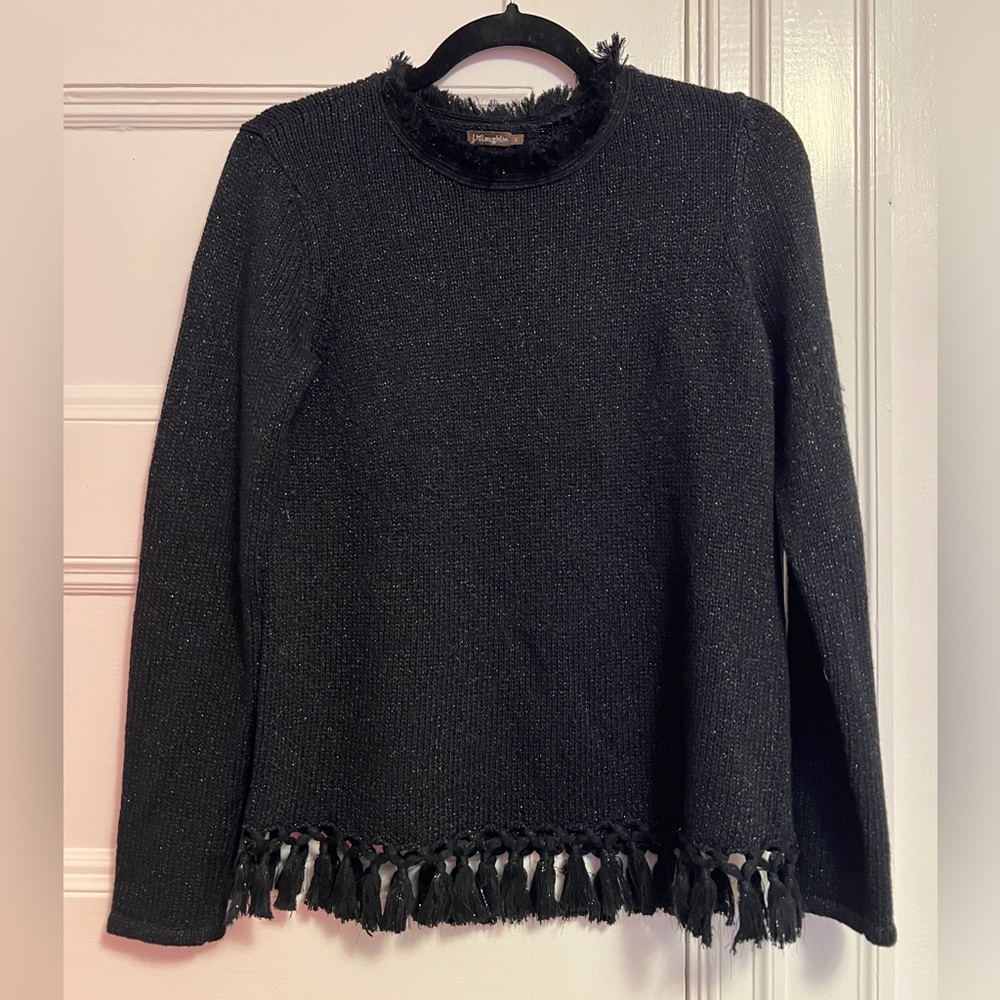 J. McLaughlin Black Cotton Tassel Fringe Sweater - Size S